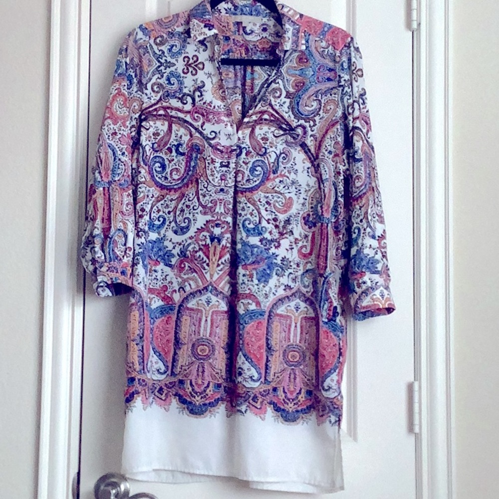 Joan Vass Studio paisley Vneck collared dress with pockets and roll tab sleeves